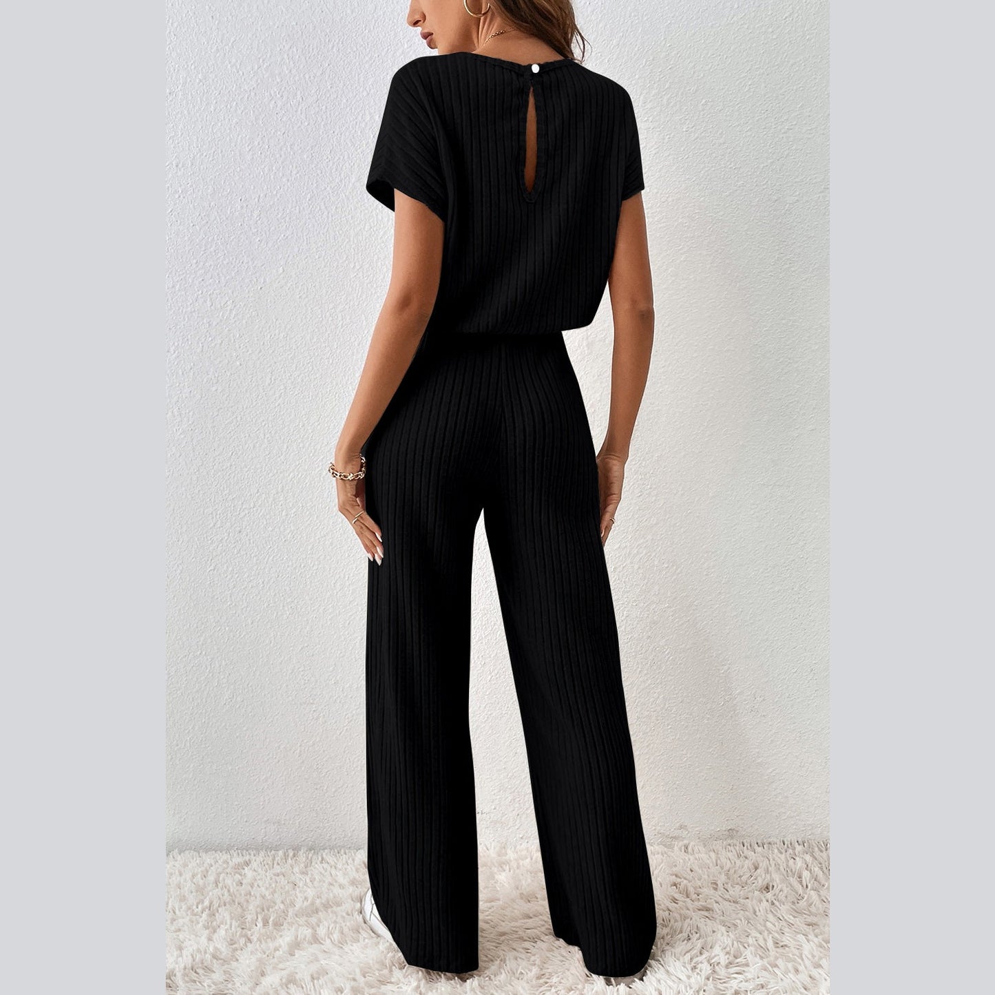 Tamryn Black Ribbed Keyhole Short Sleeve Wide Leg Jumpsuit