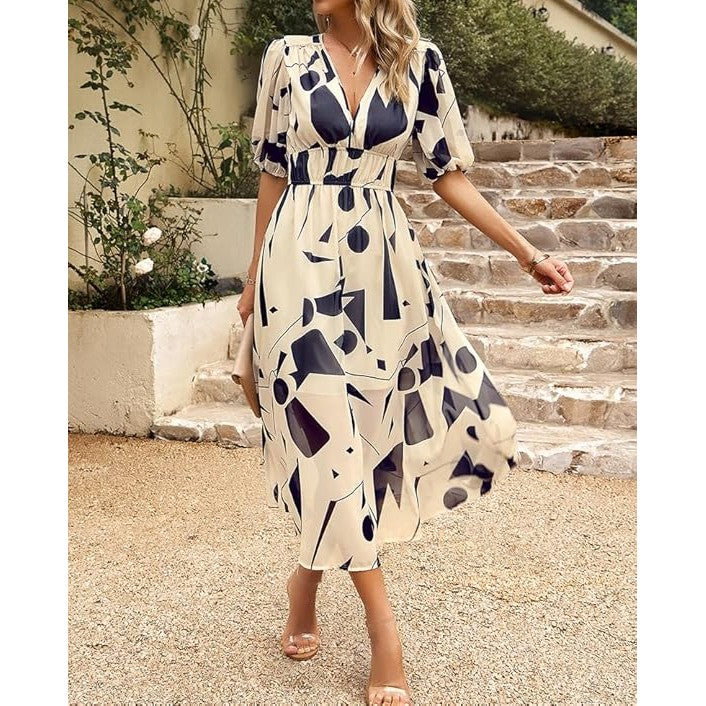 Tati V Neck Puff Sleeve Midi Dress