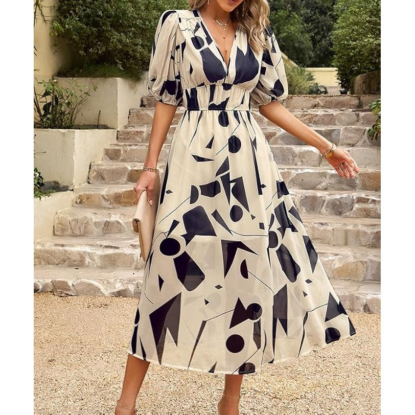 Tati V Neck Puff Sleeve Midi Dress