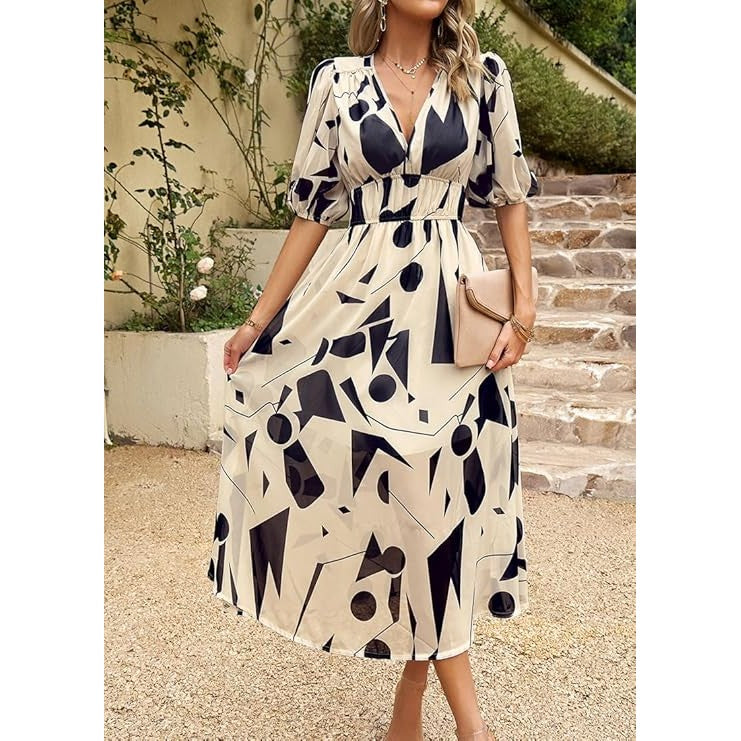 Tati V Neck Puff Sleeve Midi Dress