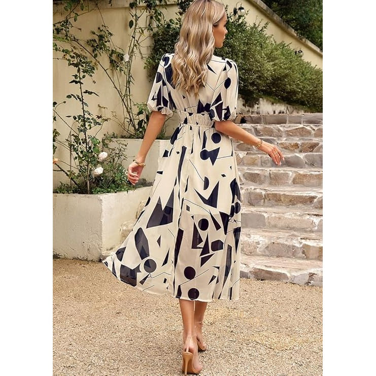 Tati V Neck Puff Sleeve Midi Dress
