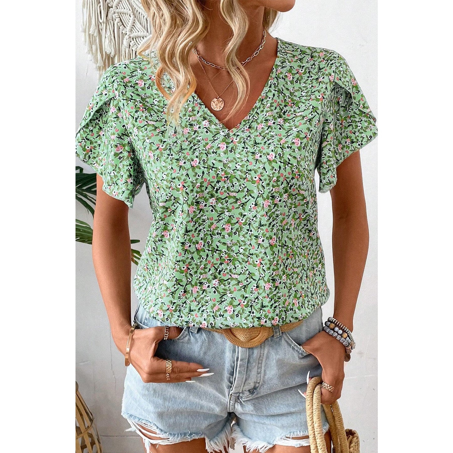 Terrilee Green Boho Floral V Neck Wrap Short Sleeve Blouse