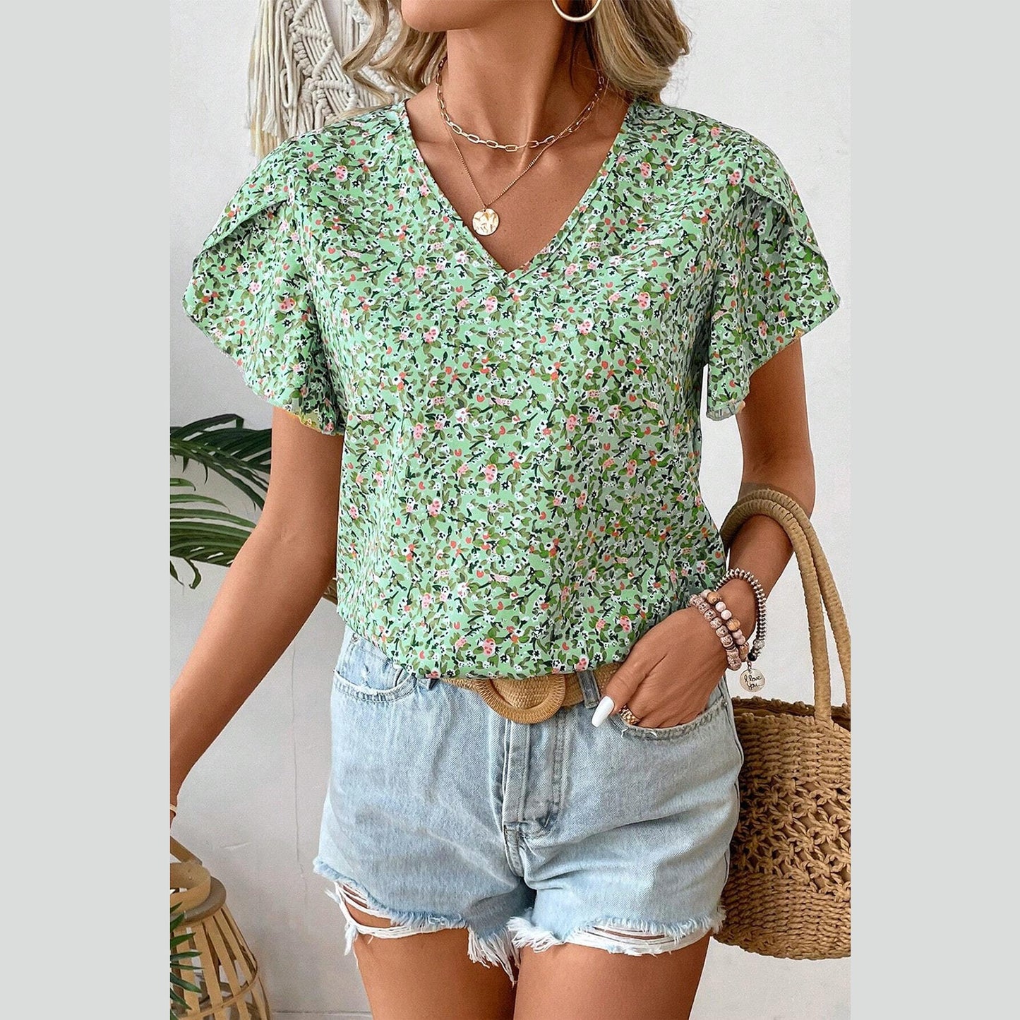 Terrilee Green Boho Floral V Neck Wrap Short Sleeve Blouse