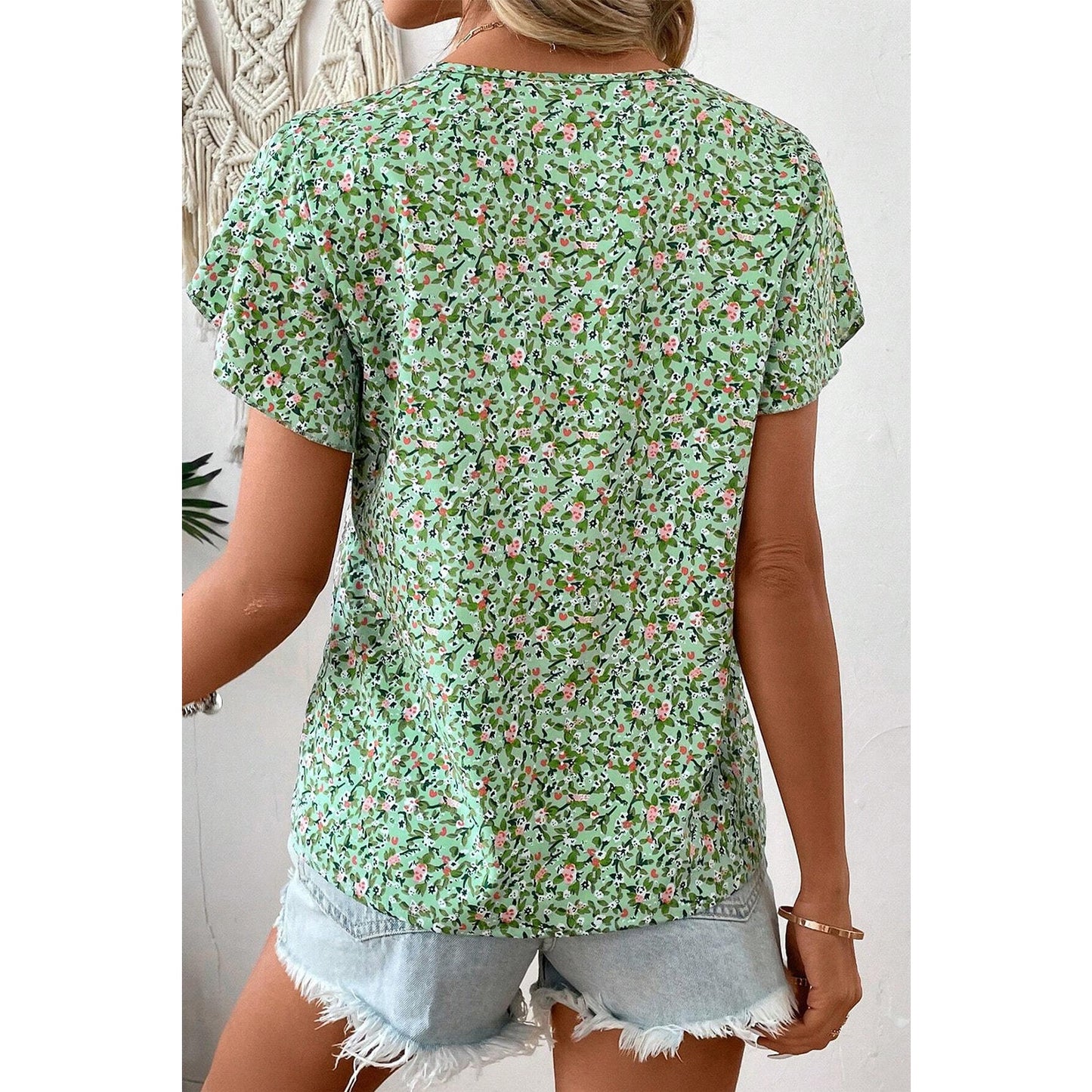 Terrilee Green Boho Floral V Neck Wrap Short Sleeve Blouse