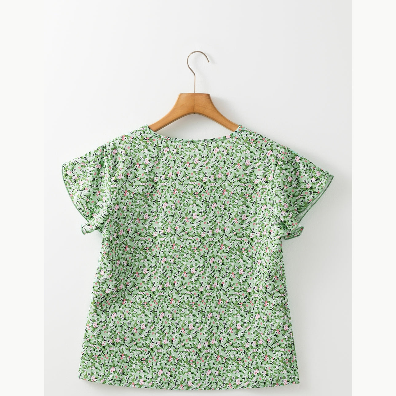 Terrilee Green Boho Floral V Neck Wrap Short Sleeve Blouse