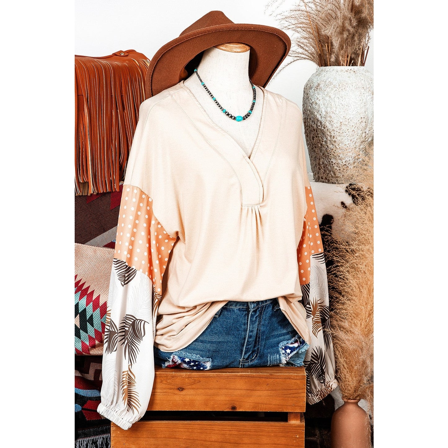 REDUCED!!! Tini Palm Leaves Polka Dot Puff Sleeve Patchwork V Neck Loose Blouse REDUCED!!!