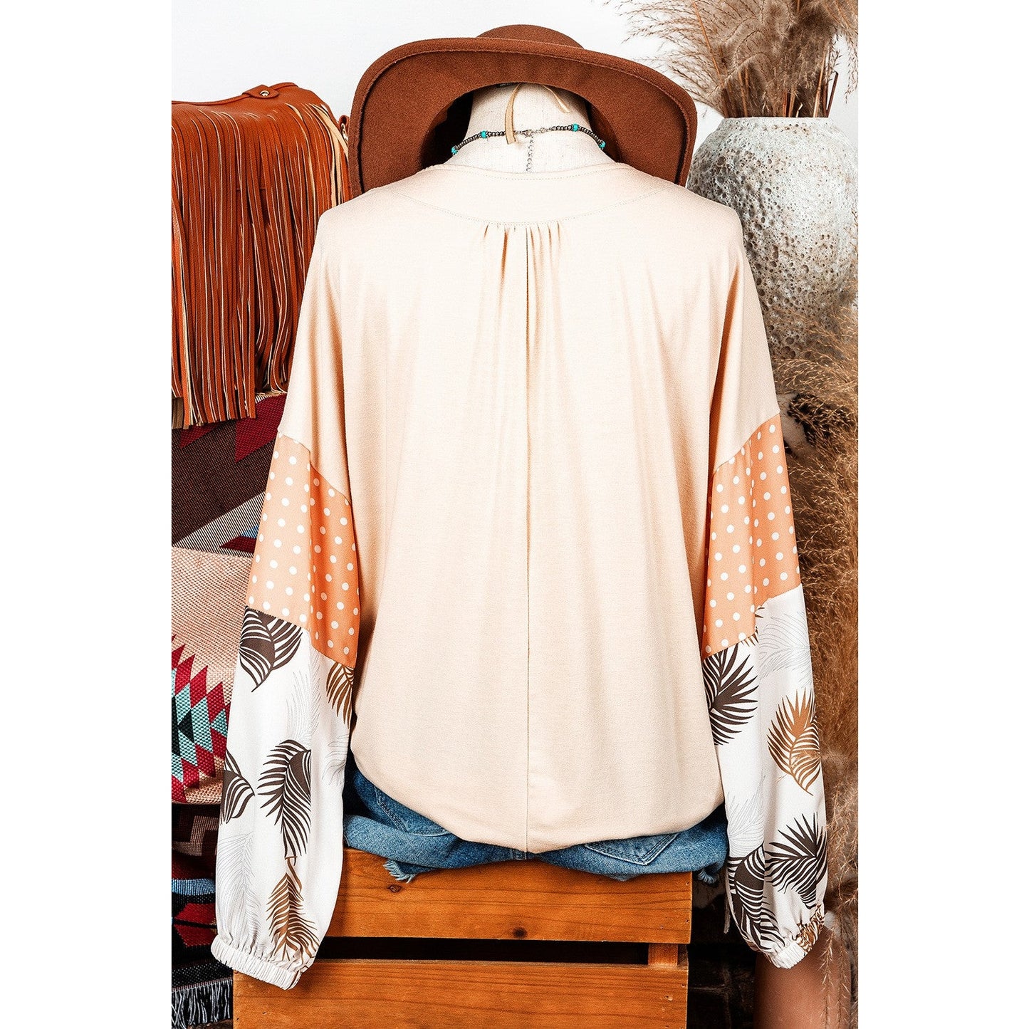 REDUCED!!! Tini Palm Leaves Polka Dot Puff Sleeve Patchwork V Neck Loose Blouse REDUCED!!!