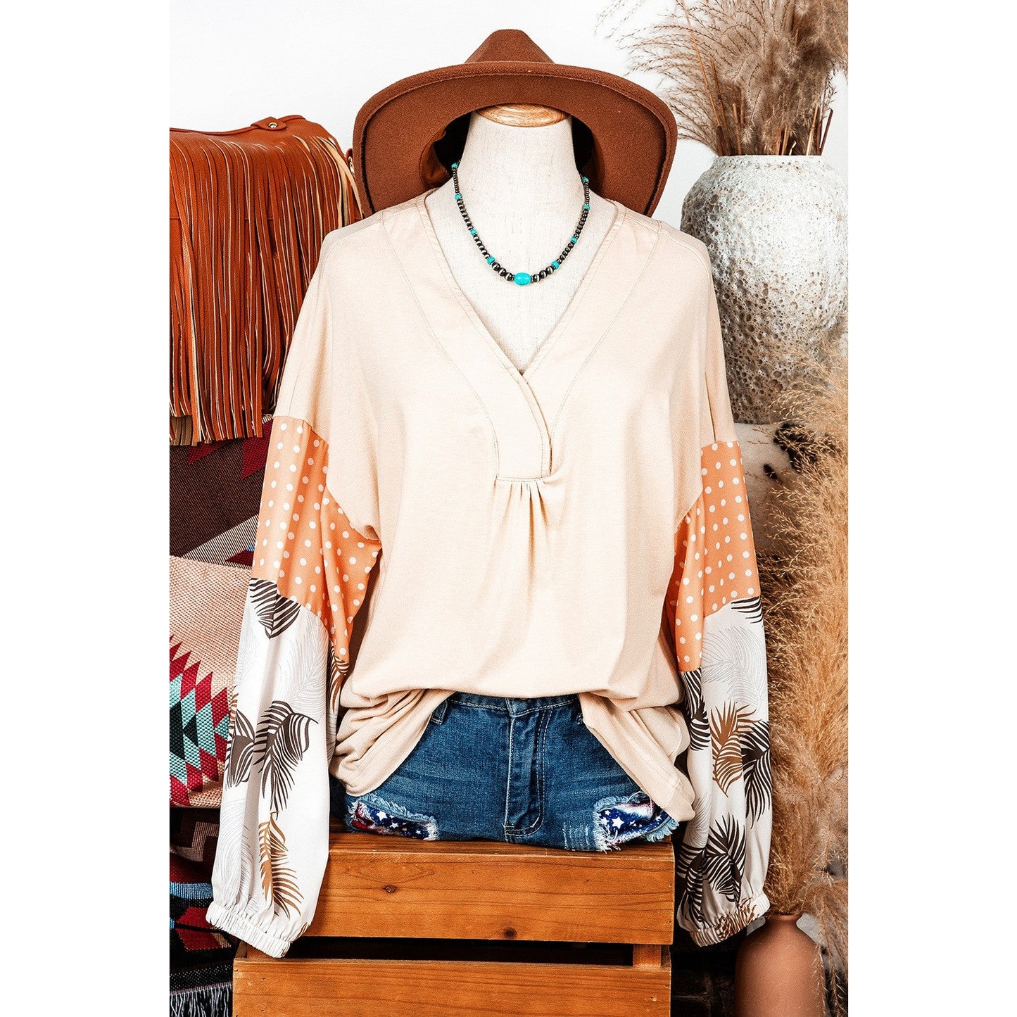 REDUCED!!! Tini Palm Leaves Polka Dot Puff Sleeve Patchwork V Neck Loose Blouse REDUCED!!!