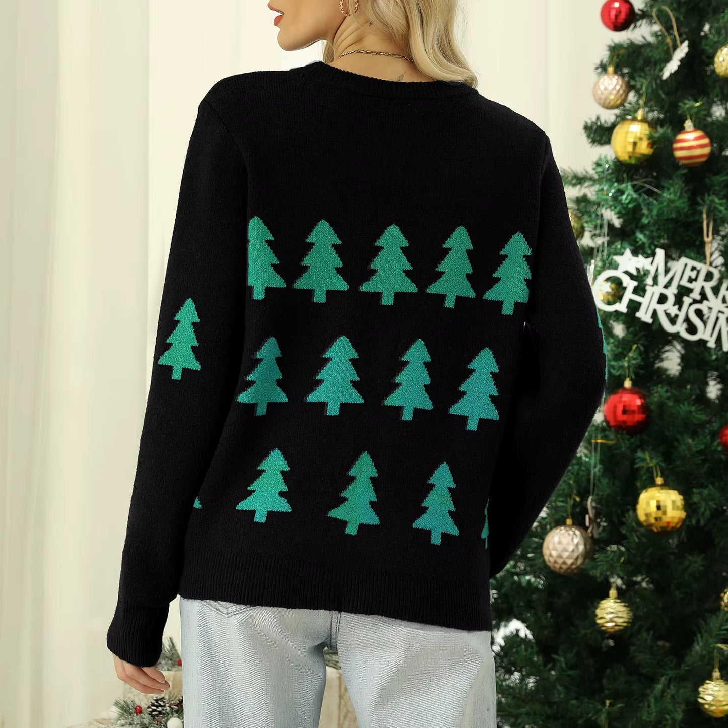 Black Sweater w/ Green Christmas Tree Decor