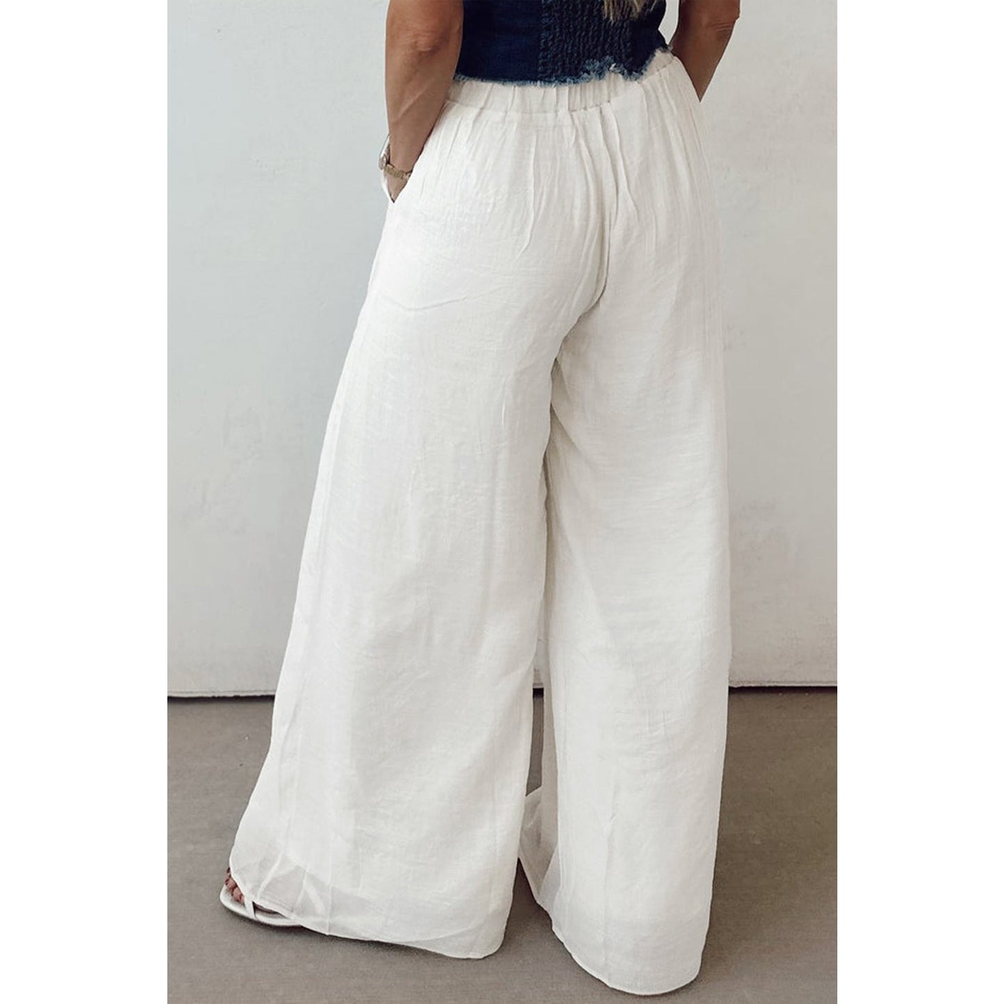 Trish White Drop Waist Pleated Wide Leg Casual Pants