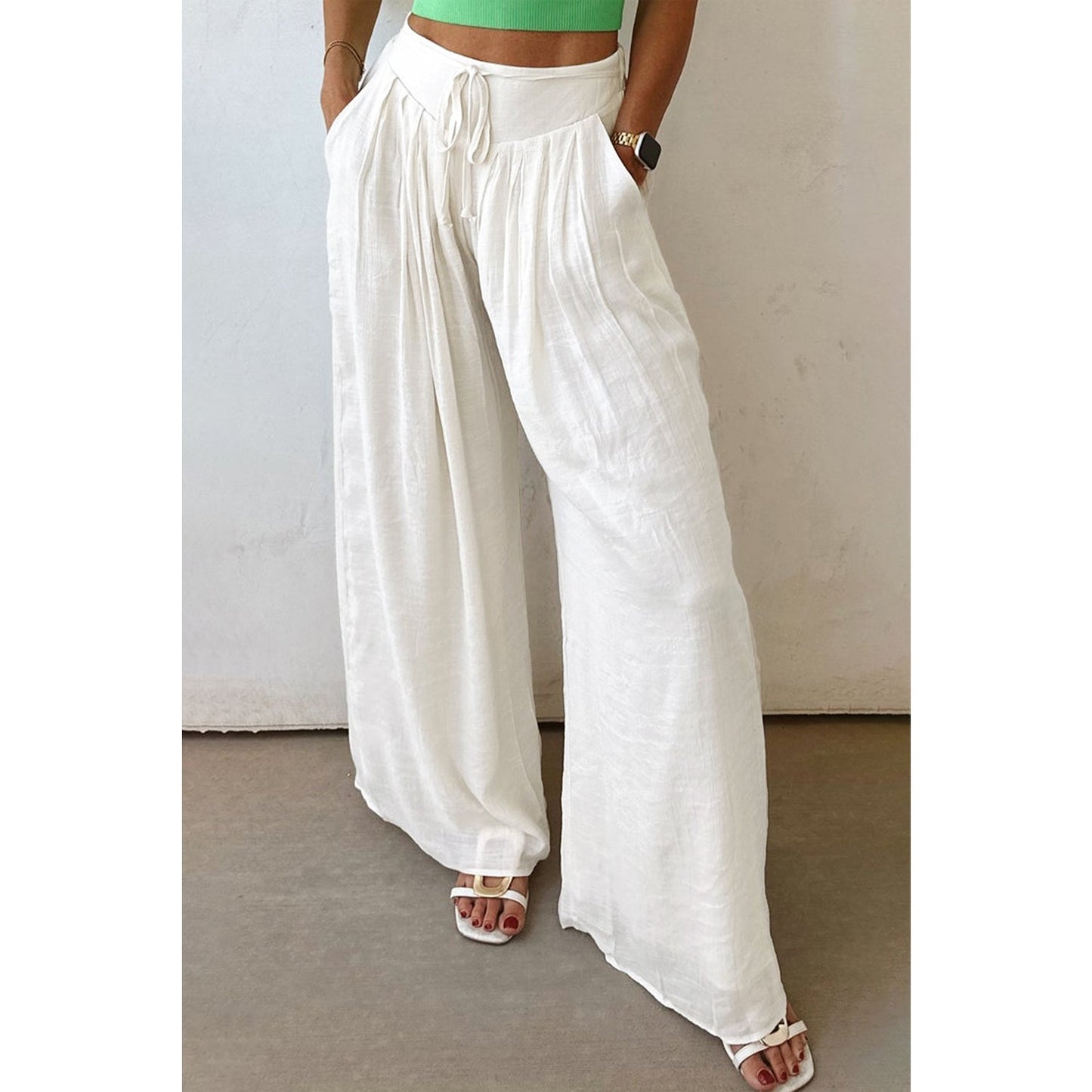 Trish White Drop Waist Pleated Wide Leg Casual Pants