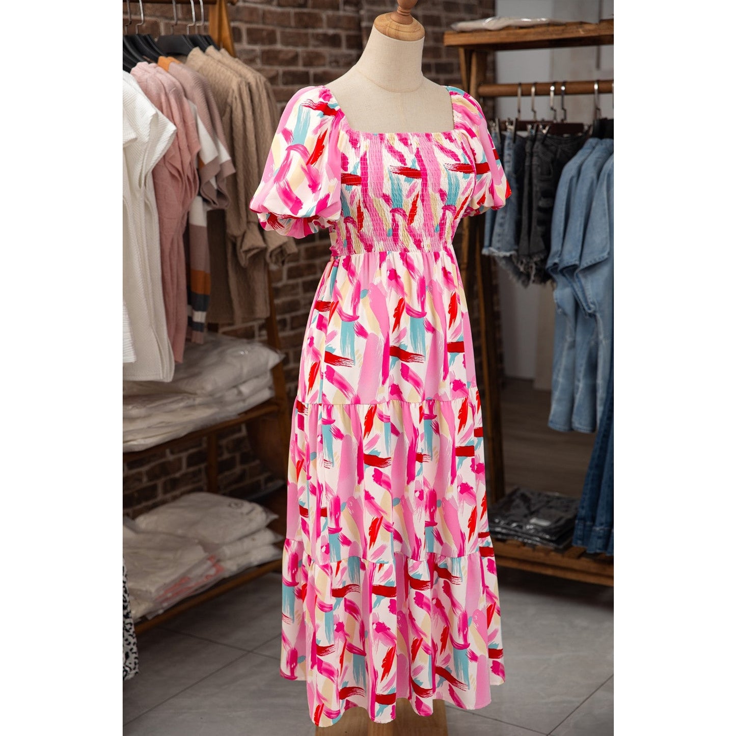 REDUCED!!! Trixie Pink Brush Stroke Printed Smocked Ruffle Tiered Dress REDUCED!!!
