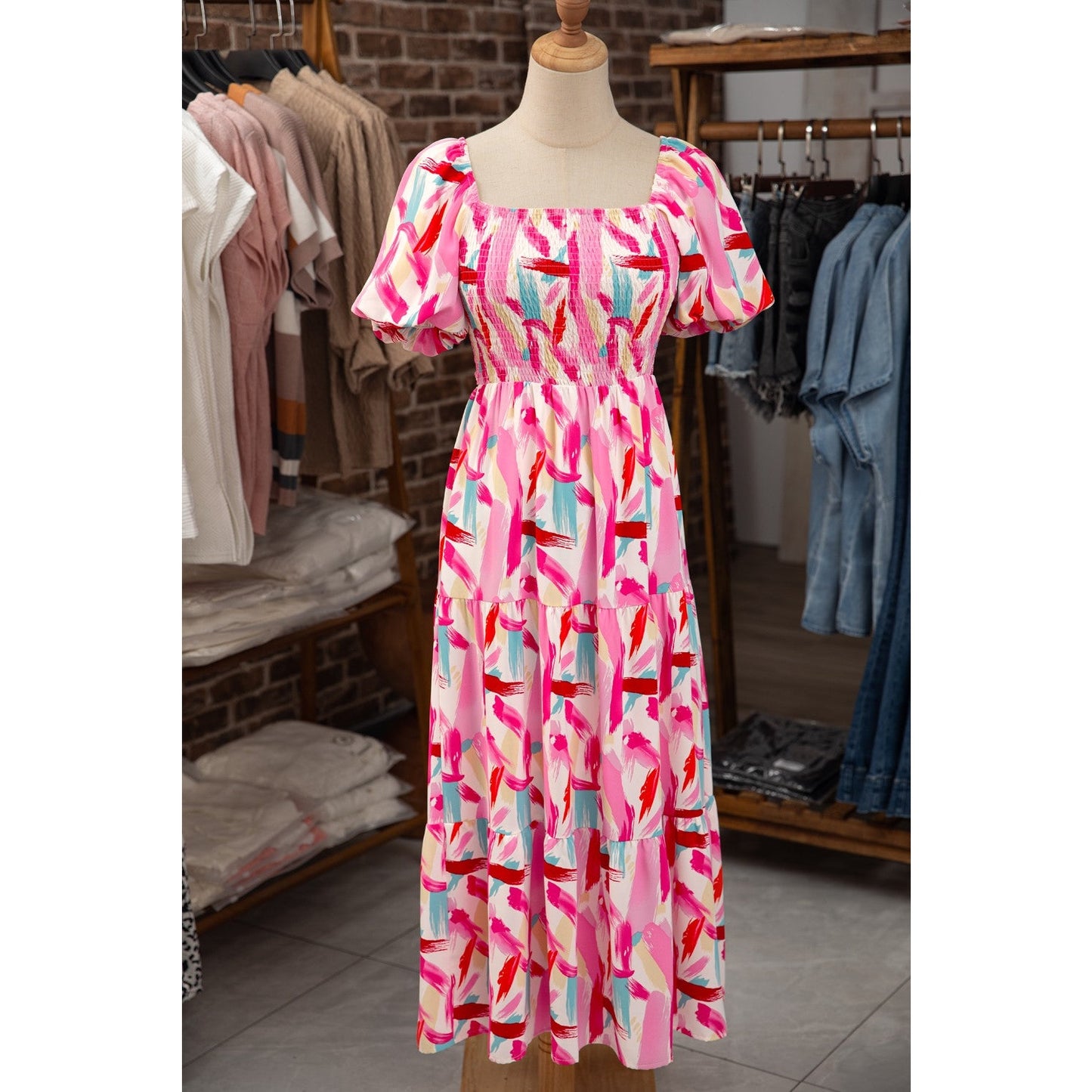 REDUCED!!! Trixie Pink Brush Stroke Printed Smocked Ruffle Tiered Dress REDUCED!!!