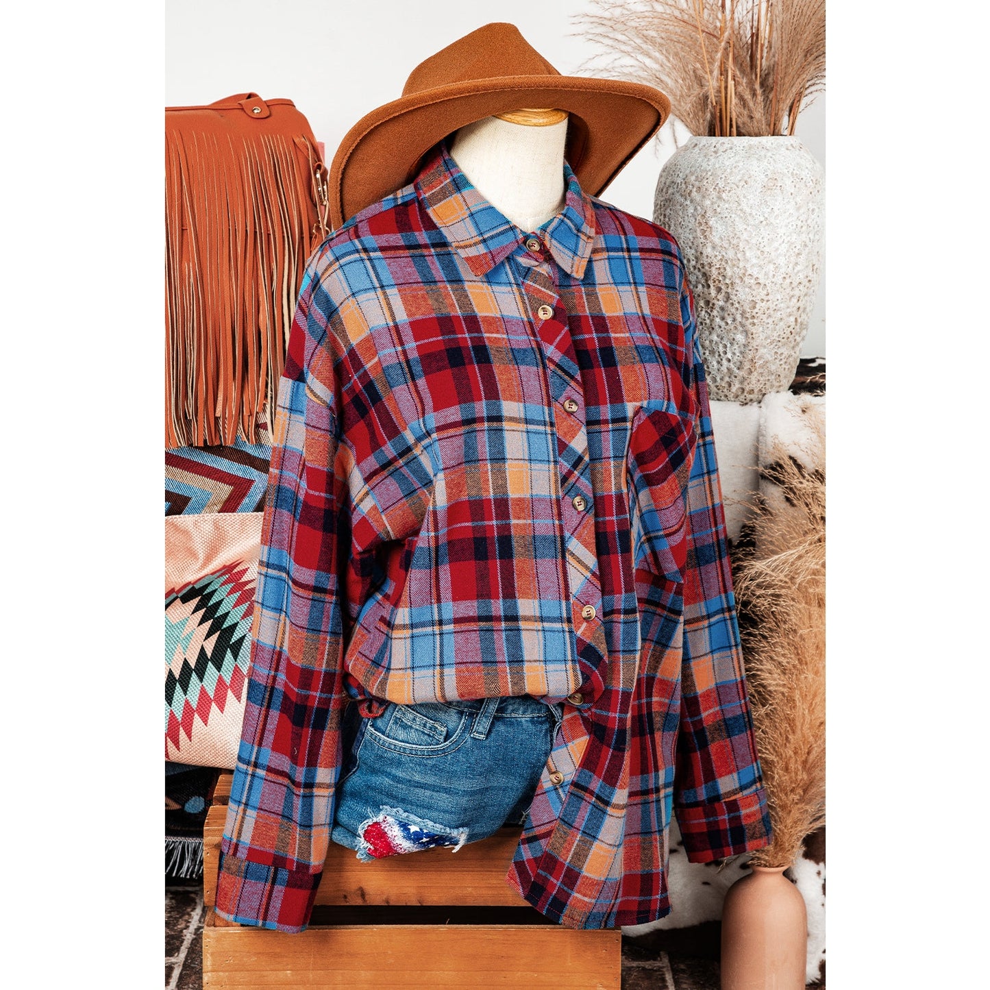 Trudy Red Plaid Print Loose Vintage Shirt