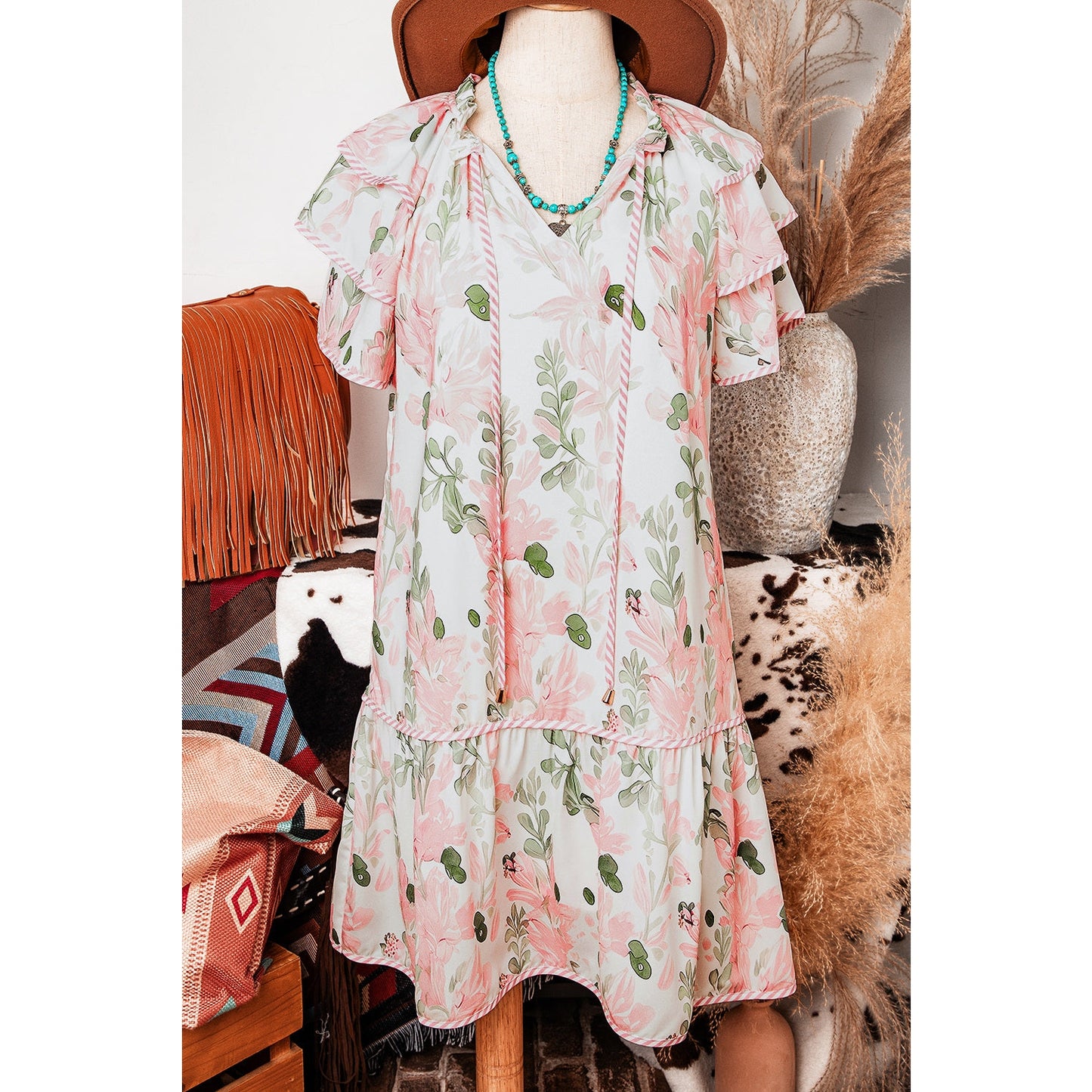 Twyla Pink Floral Contrast Edge Layered Short Sleeve Mini Dress