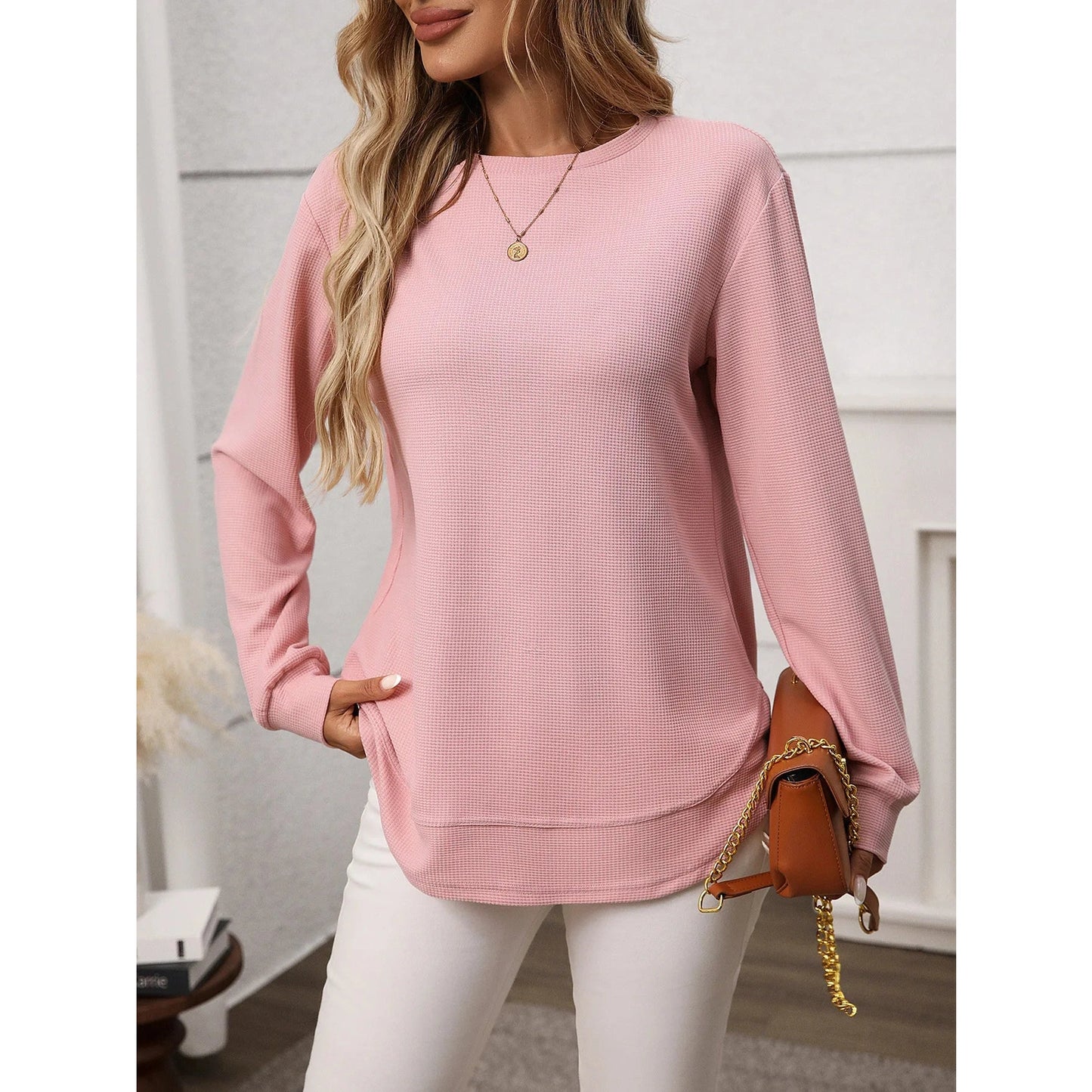 Rylee Pink Rounded Hem Long Sleeve Top