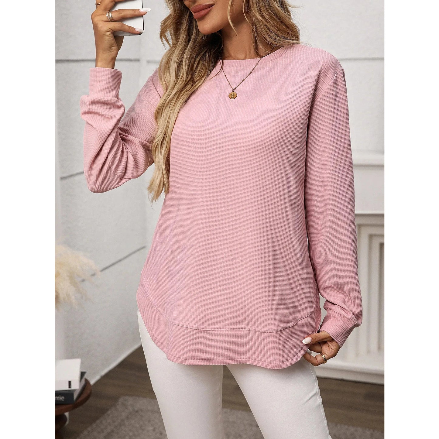 Rylee Pink Rounded Hem Long Sleeve Top