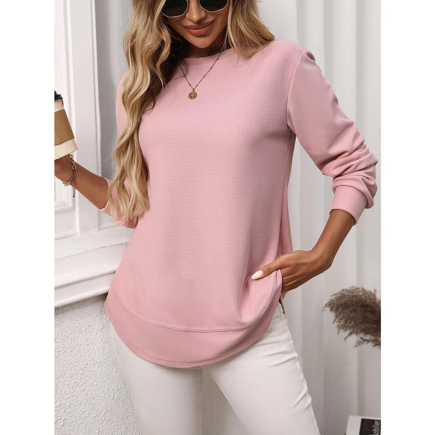 Rylee Pink Rounded Hem Long Sleeve Top