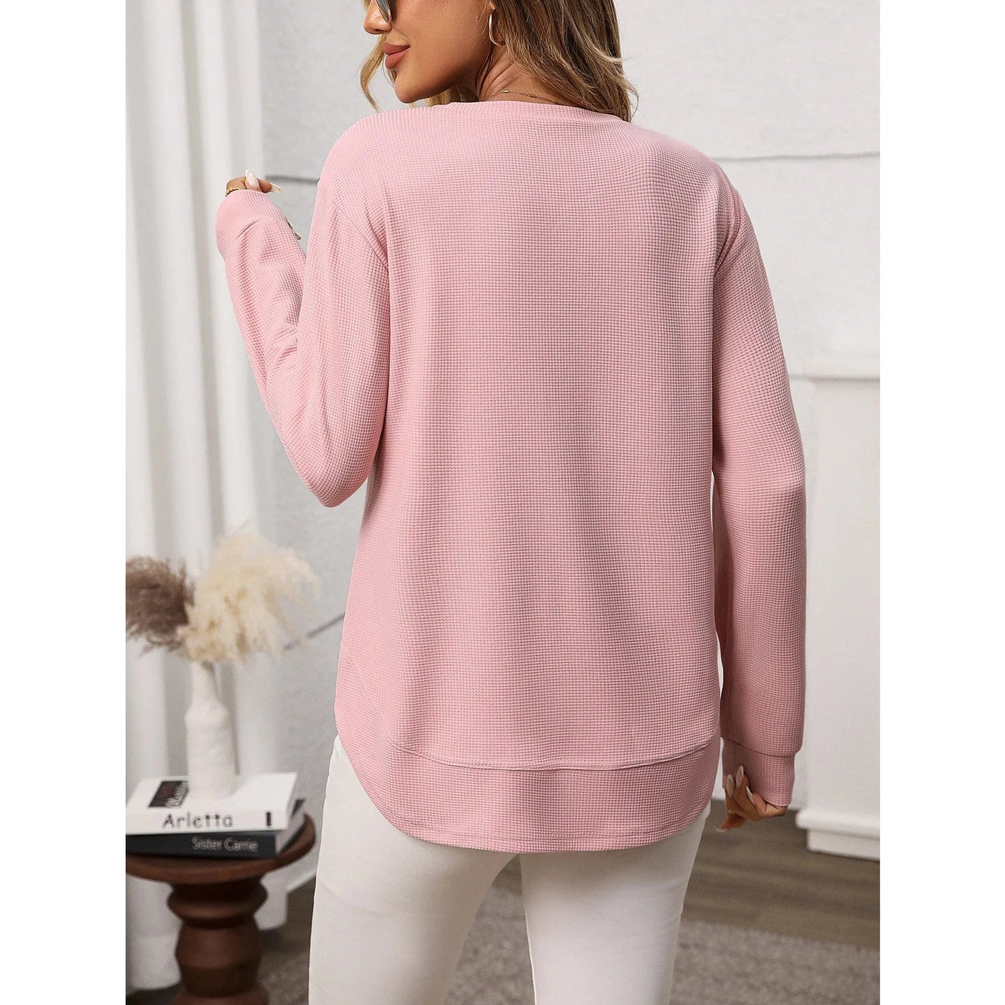 Rylee Pink Rounded Hem Long Sleeve Top