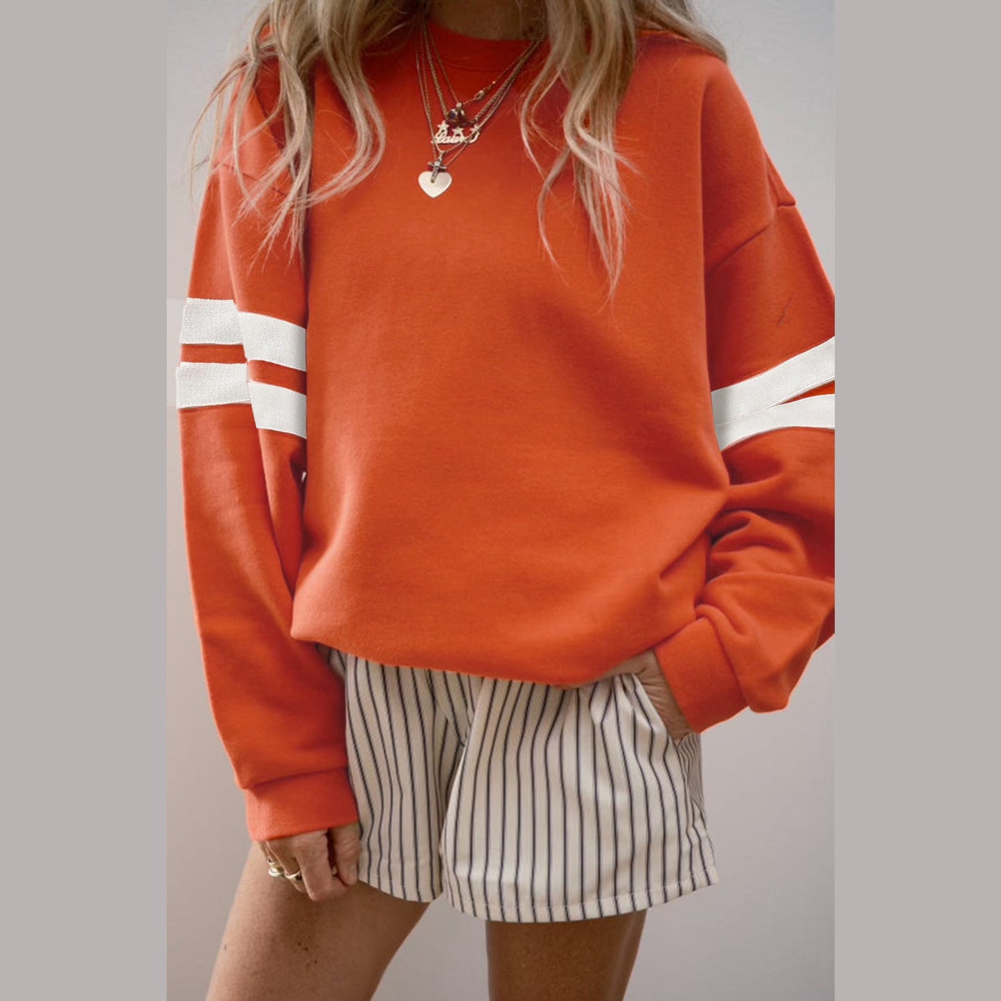 Orange Varsity Striped Detail Drop Shoulder Oversized Sweatshirt