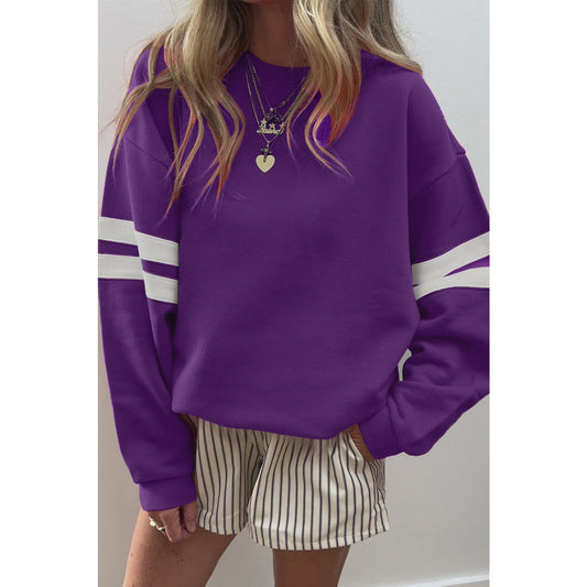 Purple Varsity Striped Detail Drop Shoulder Oversized Sweatshirt