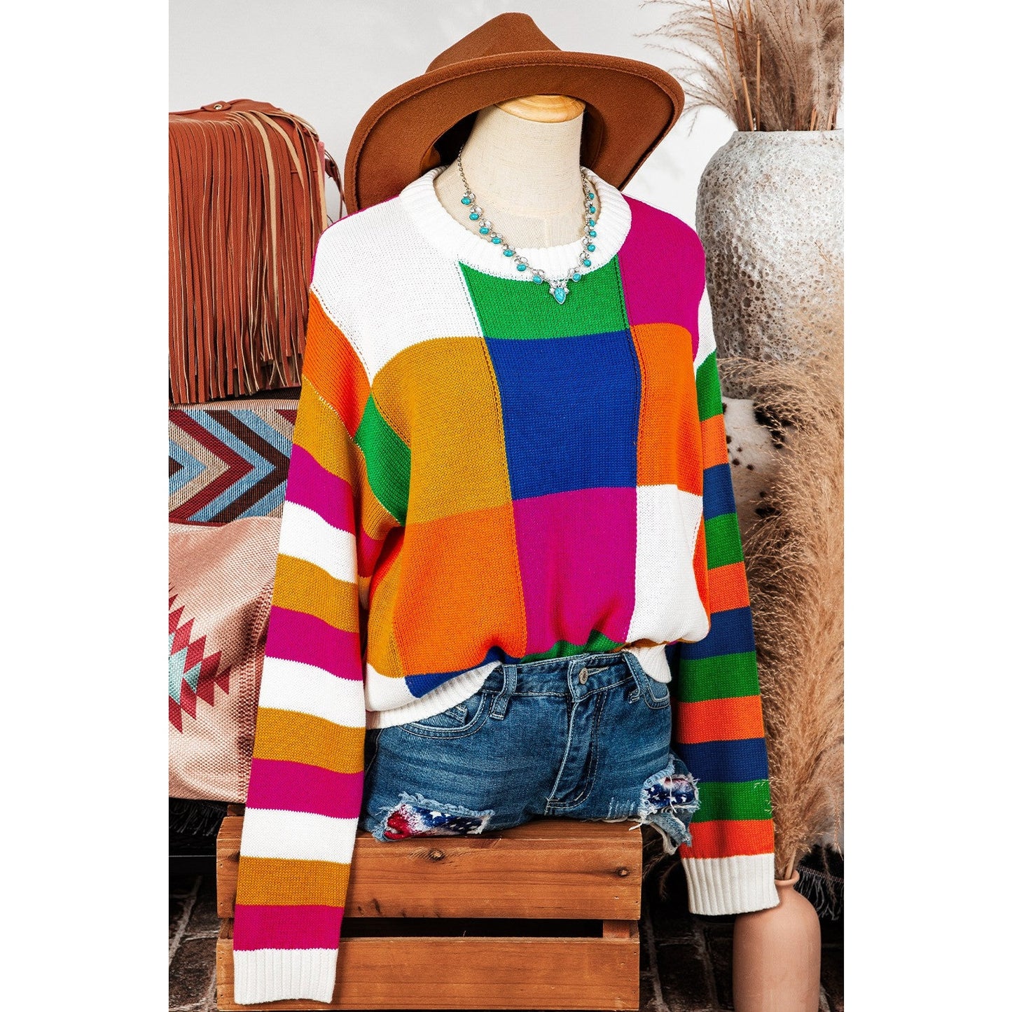 Veda Orange Checkered Color Block Round Neck Loose Sweater
