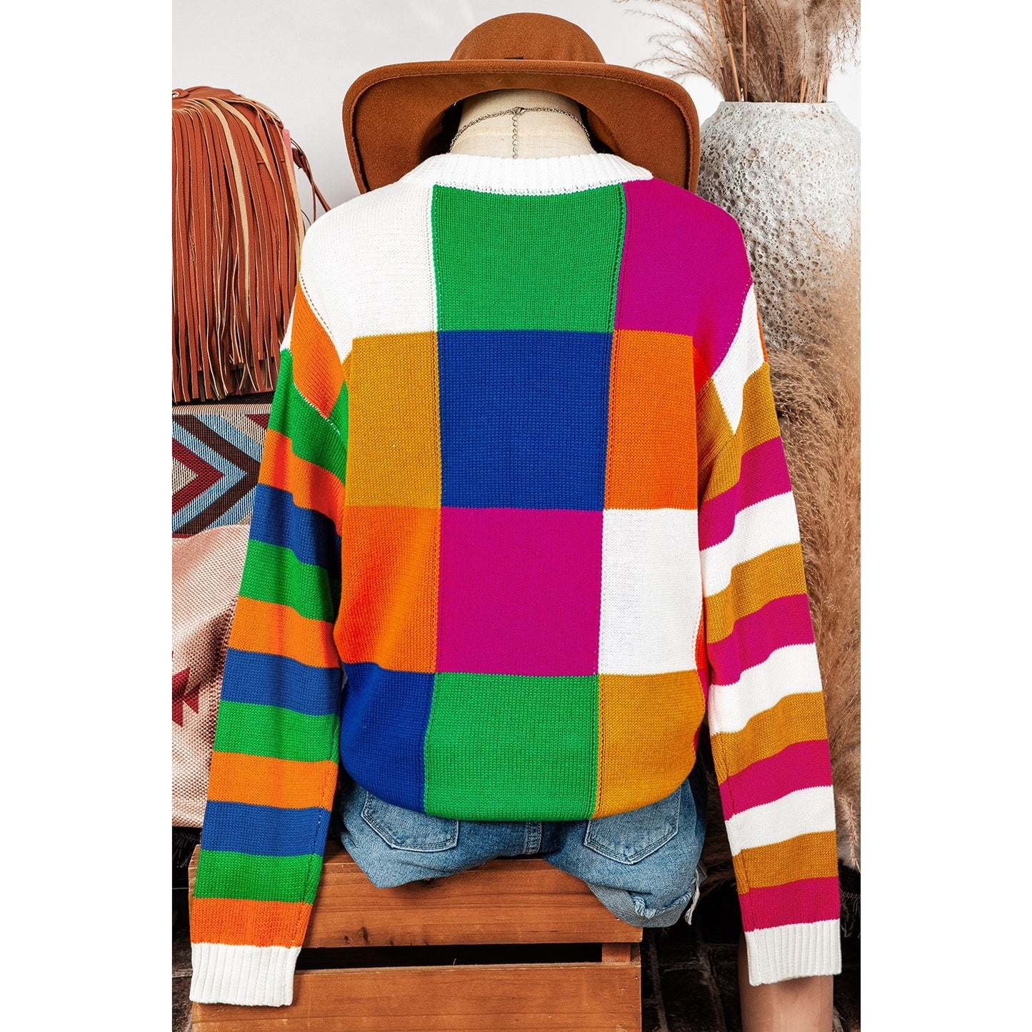 Veda Orange Checkered Color Block Round Neck Loose Sweater
