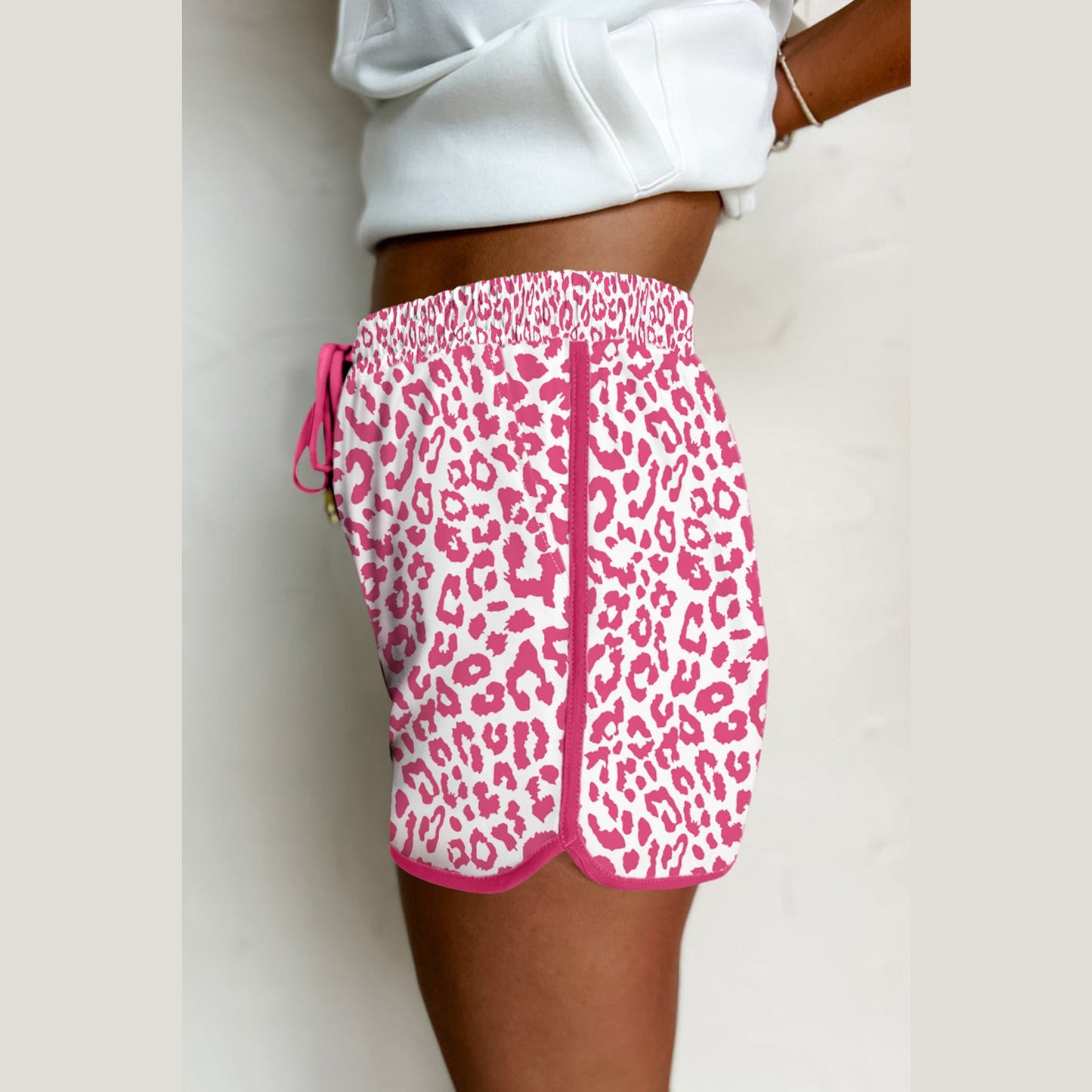 Veronika Pink Leopard Elastic Waist Lace up Contrast Trim Casual Shorts