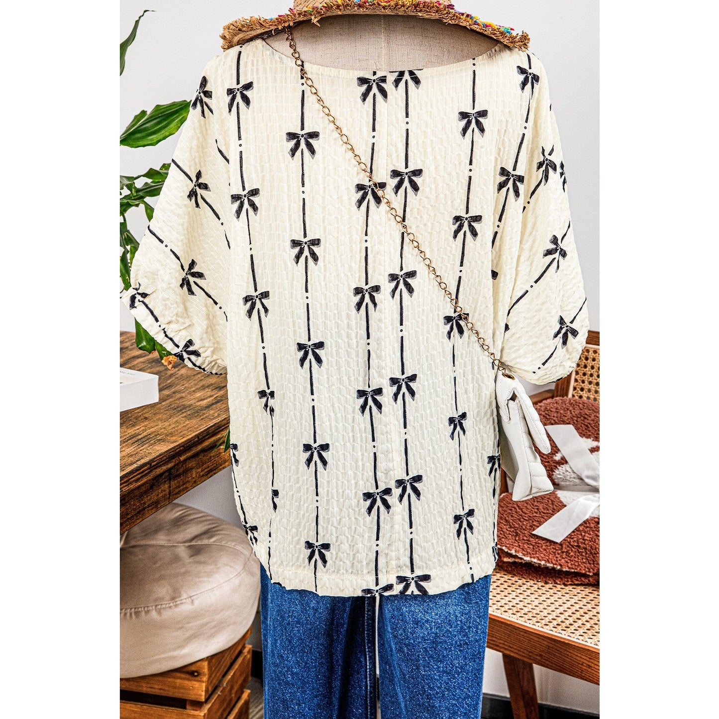 Wanda Beige Bow Print Puff Short Sleeve Top