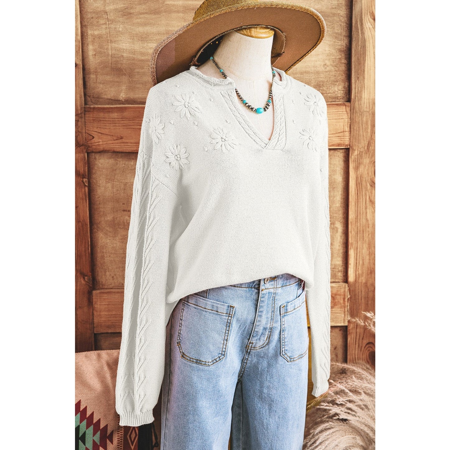 REDUCED!!! Vilma White Blossom Flower Detail Knitted Notched Neck Sweater REDUCED!!!