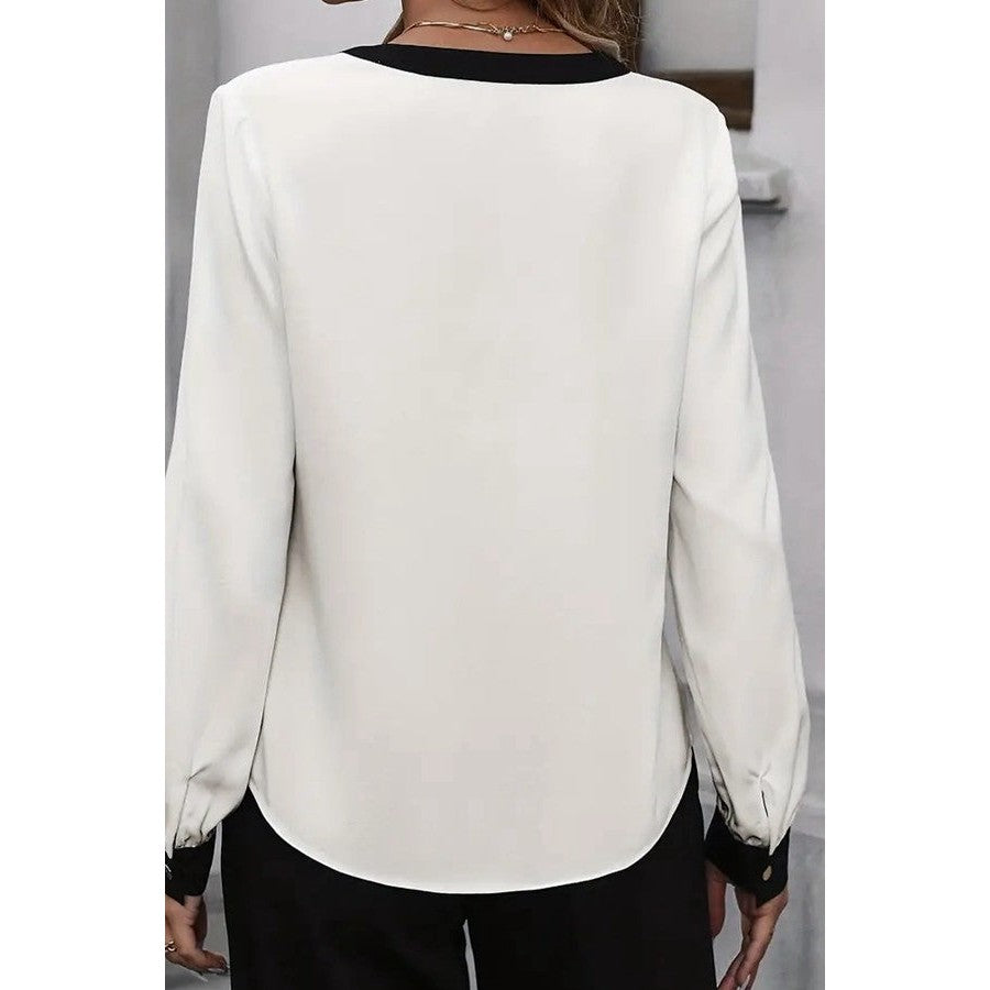 Lolisa White Notch Neck Contrast Trim Blouse