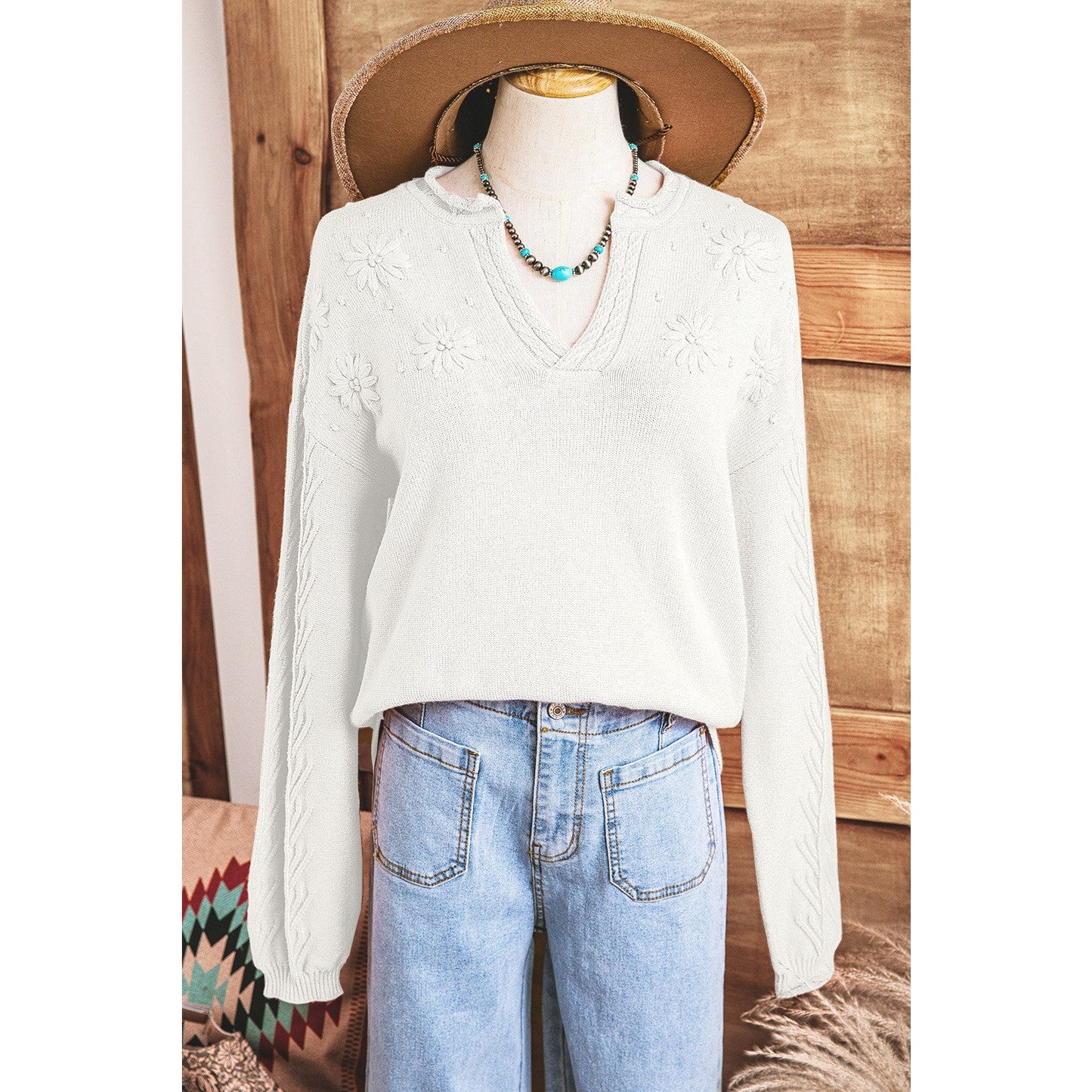 REDUCED!!! Vilma White Blossom Flower Detail Knitted Notched Neck Sweater REDUCED!!!