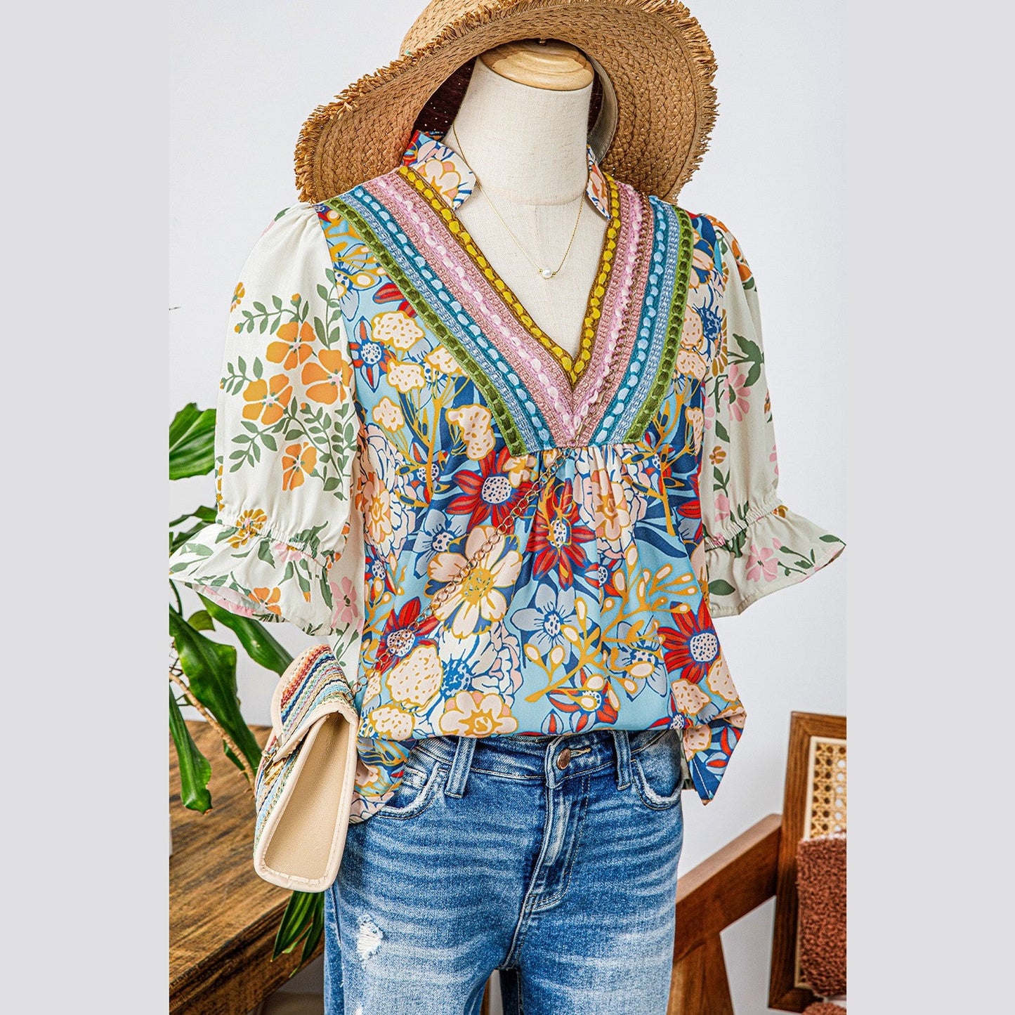 Whitley Multicolour Crochet V Neck Half Sleeve Boho Floral Blouse