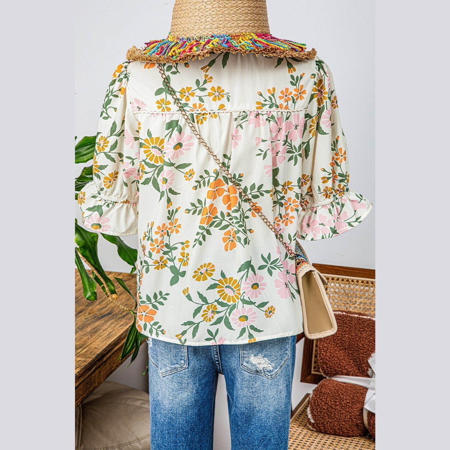 Whitley Multicolour Crochet V Neck Half Sleeve Boho Floral Blouse