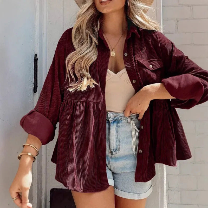 Daisie Mae Wine Corduroy Button Down Ruffle Long Sleeve Shacket