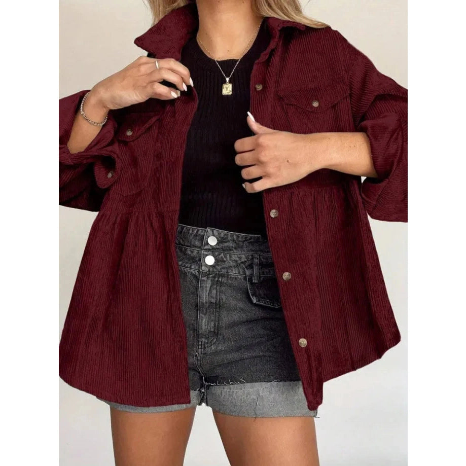Daisie Mae Wine Corduroy Button Down Ruffle Long Sleeve Shacket