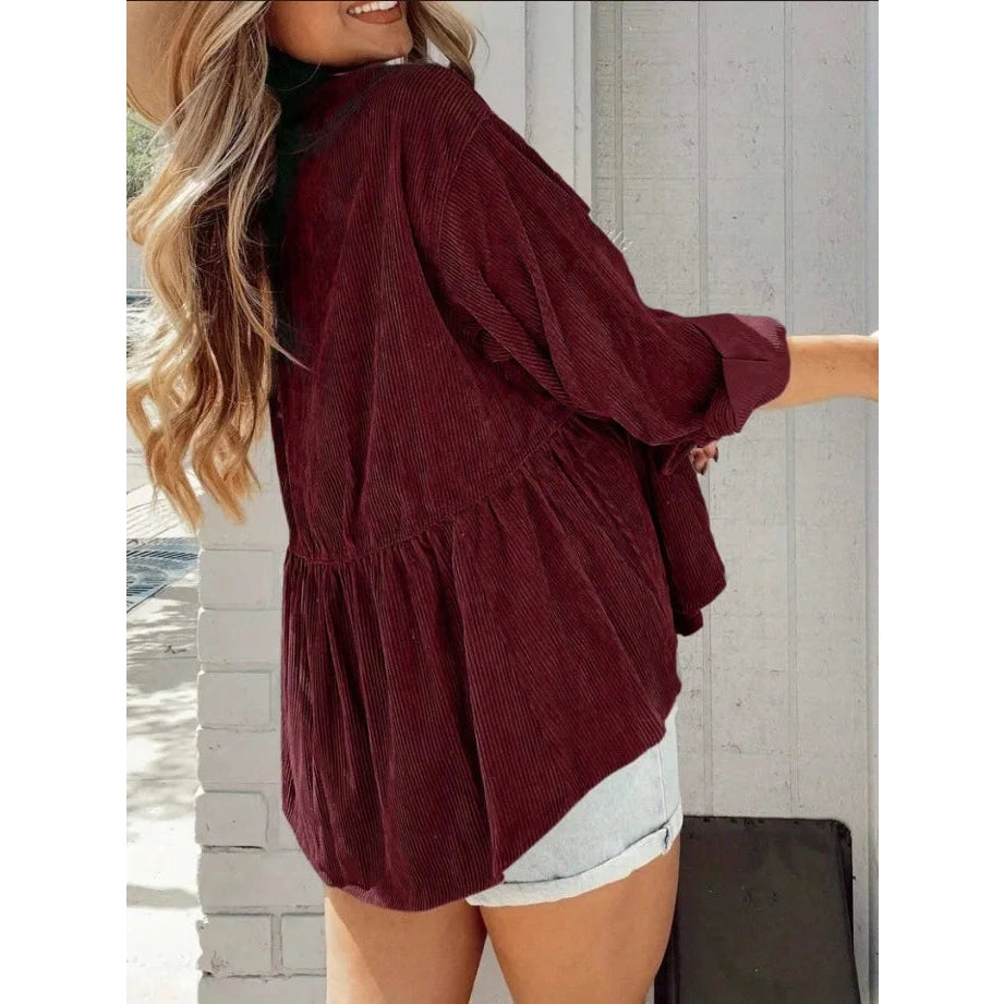 Daisie Mae Wine Corduroy Button Down Ruffle Long Sleeve Shacket
