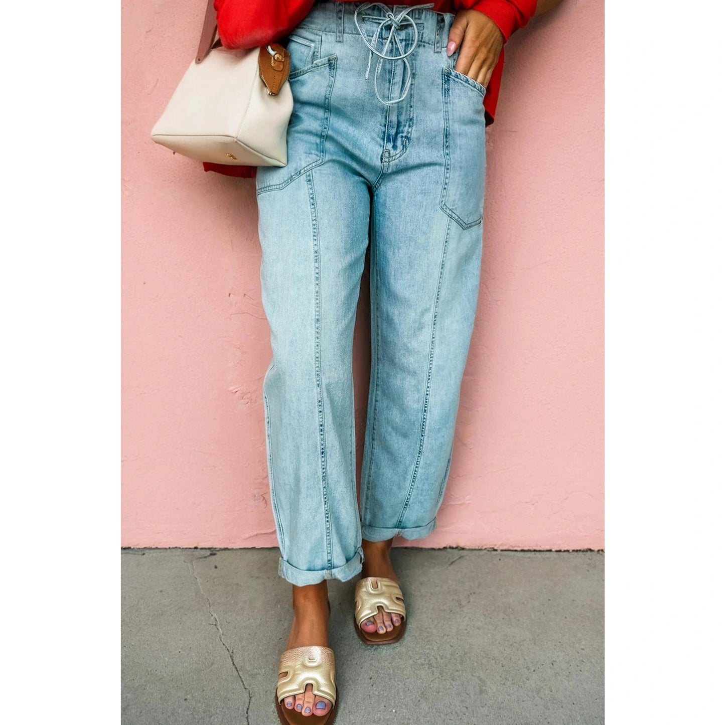 Wrenlee Exposed Stitch Detail Drawstring Barrel Jeans