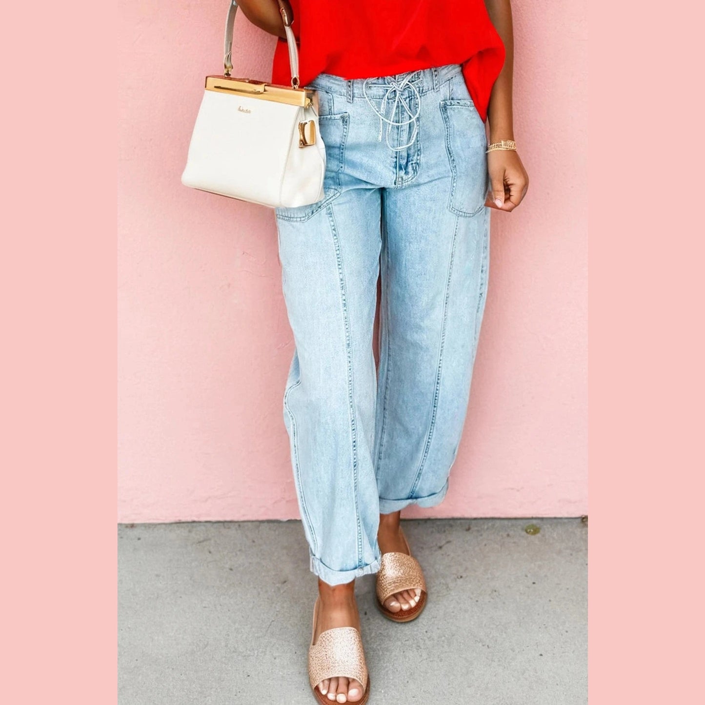 Wrenlee Exposed Stitch Detail Drawstring Barrel Jeans