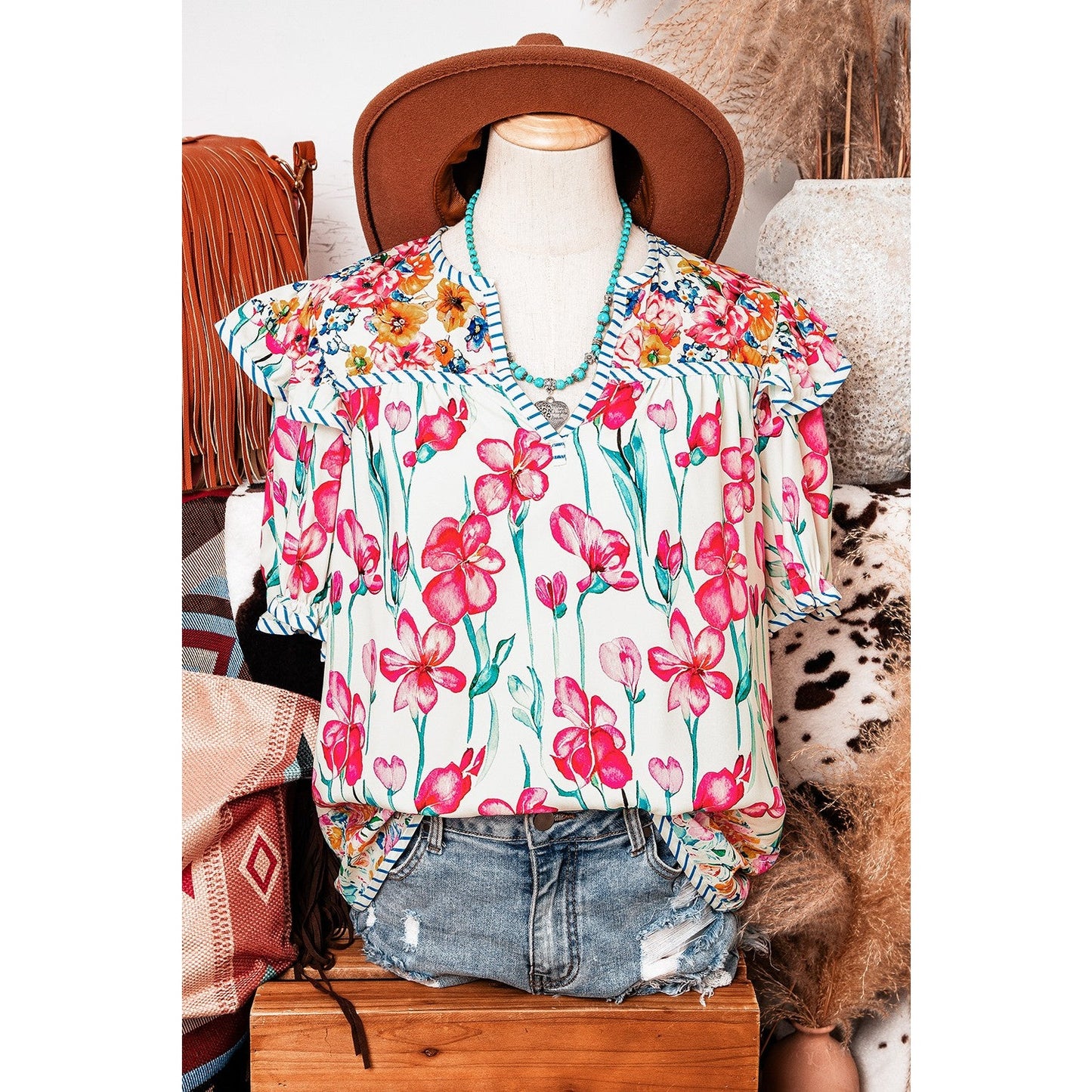 RTS Yesenia Pink Floral Print Striped Detail Split Neck Short Sleeve Blouse