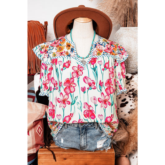 Yesenia Pink Floral Print Striped Detail Split Neck Short Sleeve Blouse