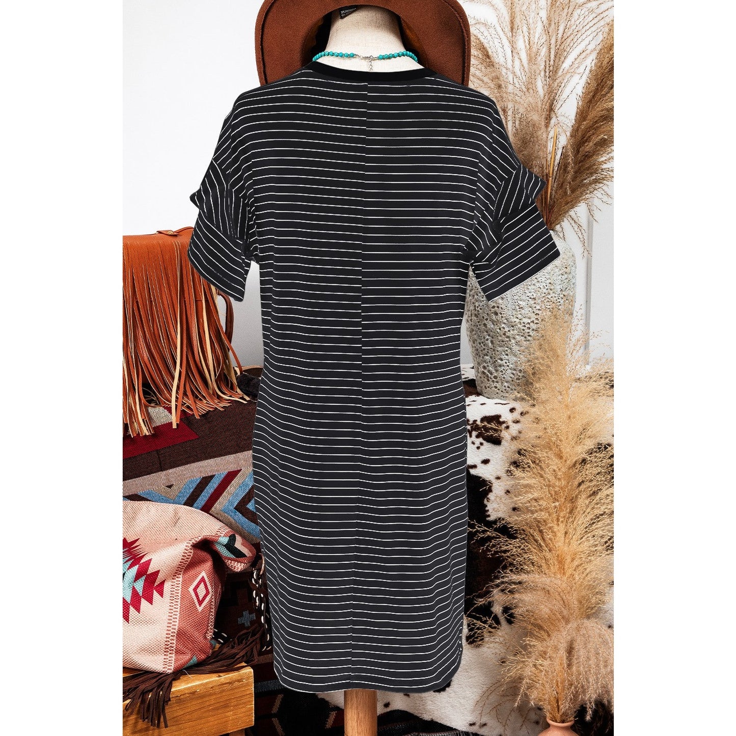 Zoella Black Stripe Ruffled Short Sleeve Crew Neck T Shirt Shift Mini Dress