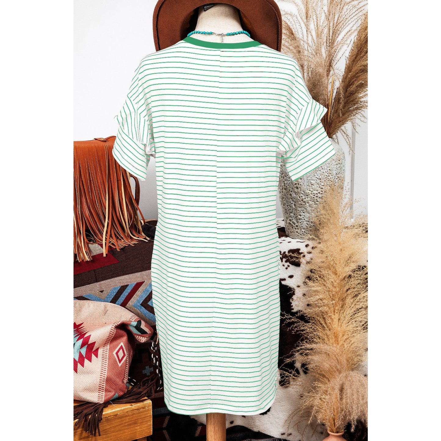 Zoella Green Stripe Ruffled Short Sleeve Crew Neck T Shirt Shift Mini Dress