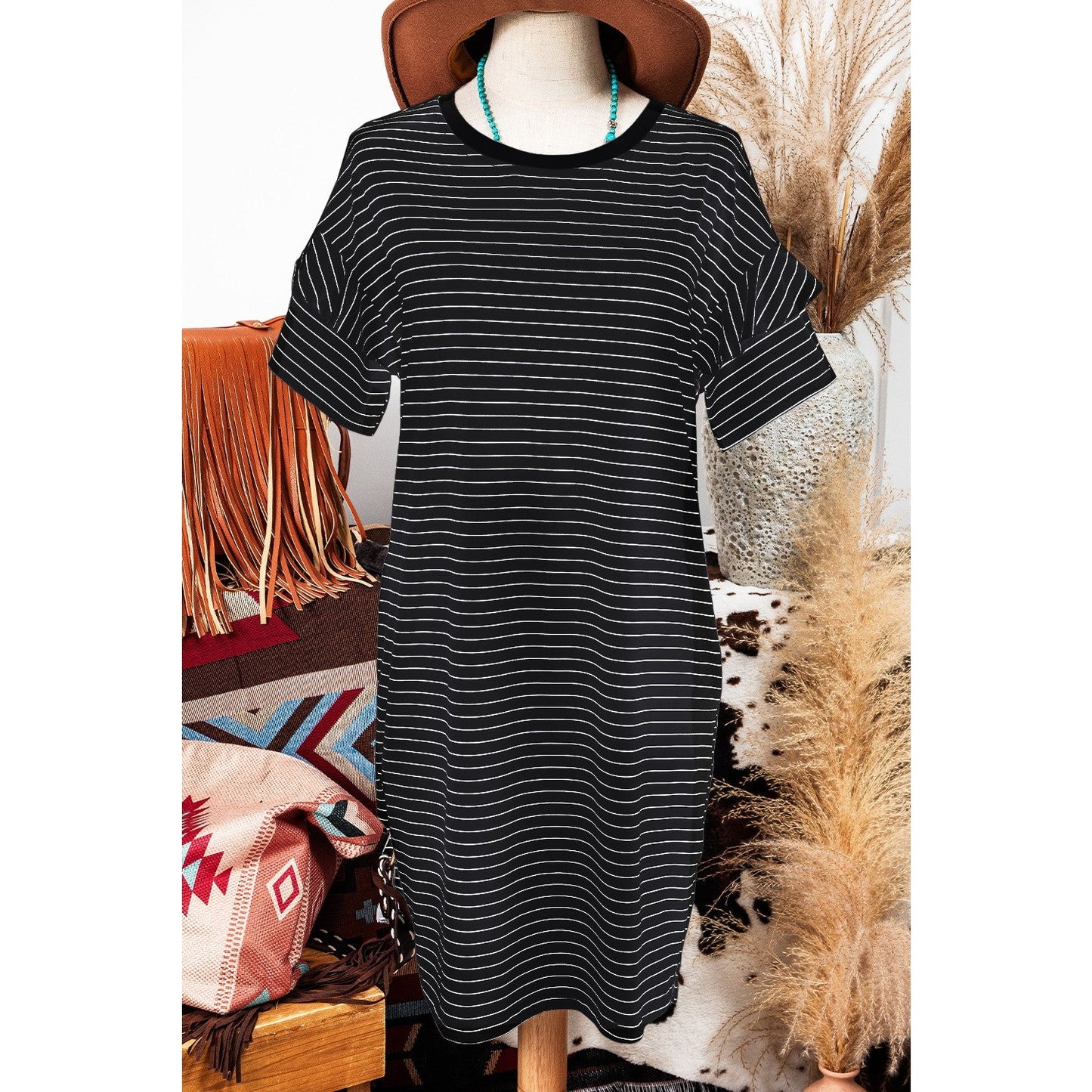 Zoella Black Stripe Ruffled Short Sleeve Crew Neck T Shirt Shift Mini Dress