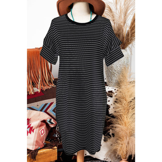 Zoella Black Stripe Ruffled Short Sleeve Crew Neck T Shirt Shift Mini Dress