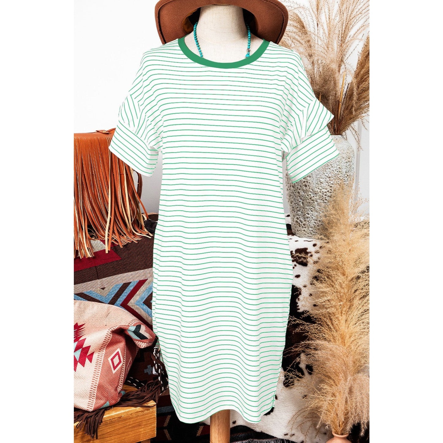 Zoella Green Stripe Ruffled Short Sleeve Crew Neck T Shirt Shift Mini Dress