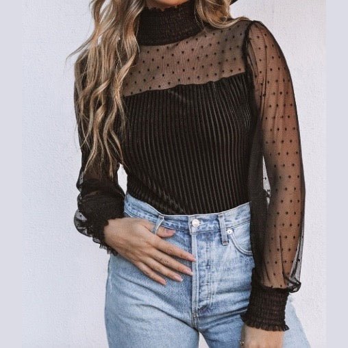 Kinsey Black Sheer Dotty Long Sleeve Ribbed Velvet Bodysuit