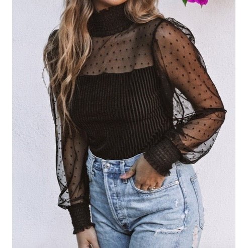 Kinsey Black Sheer Dotty Long Sleeve Ribbed Velvet Bodysuit