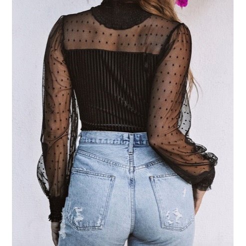 Kinsey Black Sheer Dotty Long Sleeve Ribbed Velvet Bodysuit