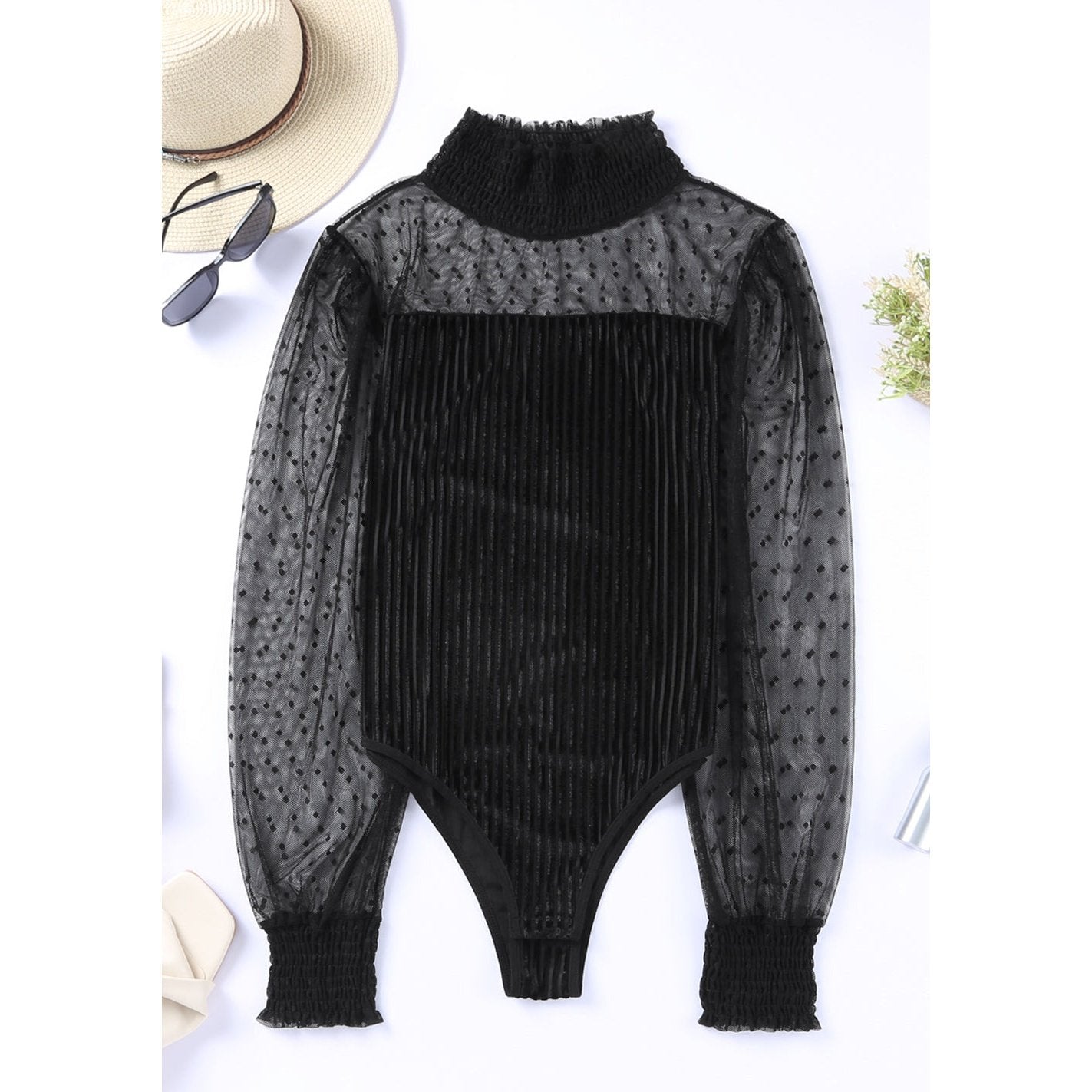 Kinsey Black Sheer Dotty Long Sleeve Ribbed Velvet Bodysuit